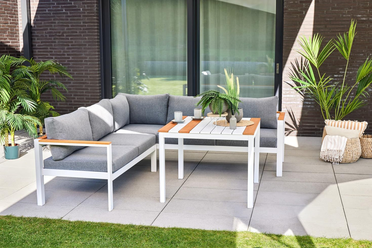 Sofa Primaster, Aluminiumgestell, Grau/Weiss/Holz, Dining Lounge Set Amilia inkl Sitz und Rückenkissen Garten