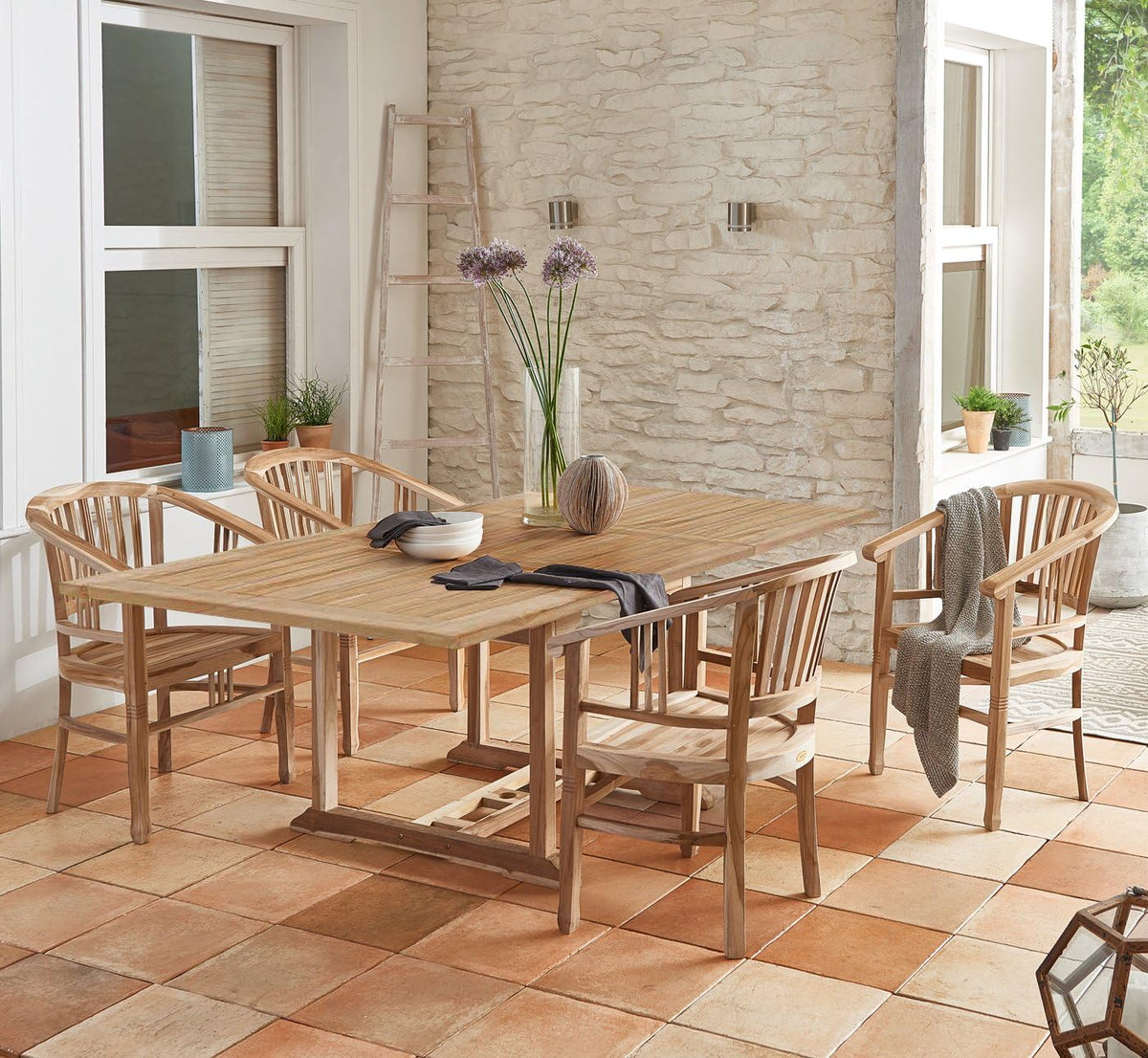 SAM Essgruppe, Holz, Gartengruppe, 5tlg., Balkongruppe aus Teakholz, 1 x Tisch Madera + 4 x Stuhl Moreno, Garten-Tischgruppe