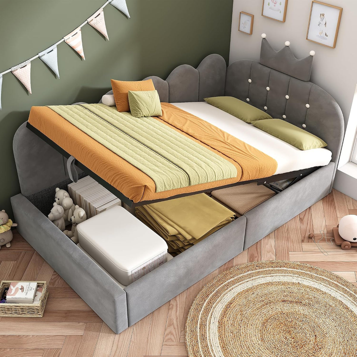 RIAZOS Bett, 90x200 cm, Grau/Orange/Grün, Polsterbett Daybett, Tagesbett-Schlafsofa mit Hydraulisch Stauraum, Jugendbett mit Metall Lattenrost