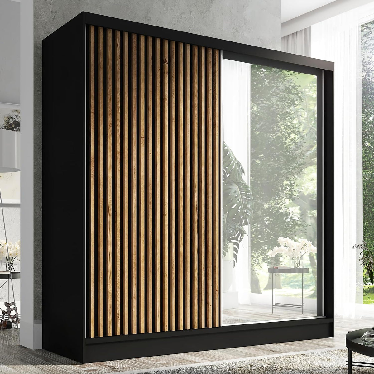 A&J MöbelLand Kleiderschrank, 200 cm, Schwarz/Holz, Schwebetürenschrank LINA mit Spiegel, 3 Schubladen & 3D-Lamellen (Schwarz)