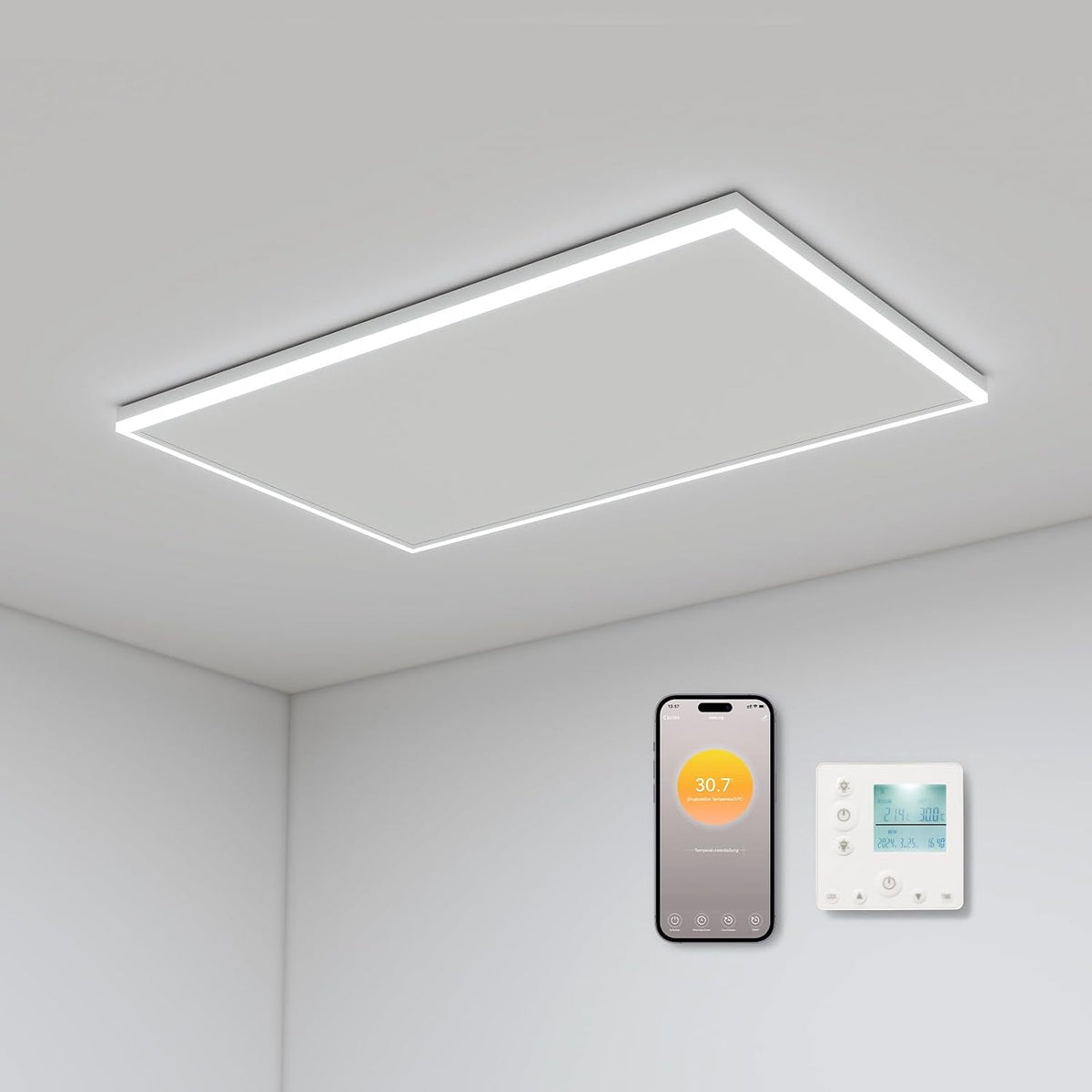 byecold Elektroheizkörper, 108x63 cm, Schwarz, Infrarotheizung Deckenmontage 700 Watt, Deckenheizung Infrarot mit LED Beleuchtung