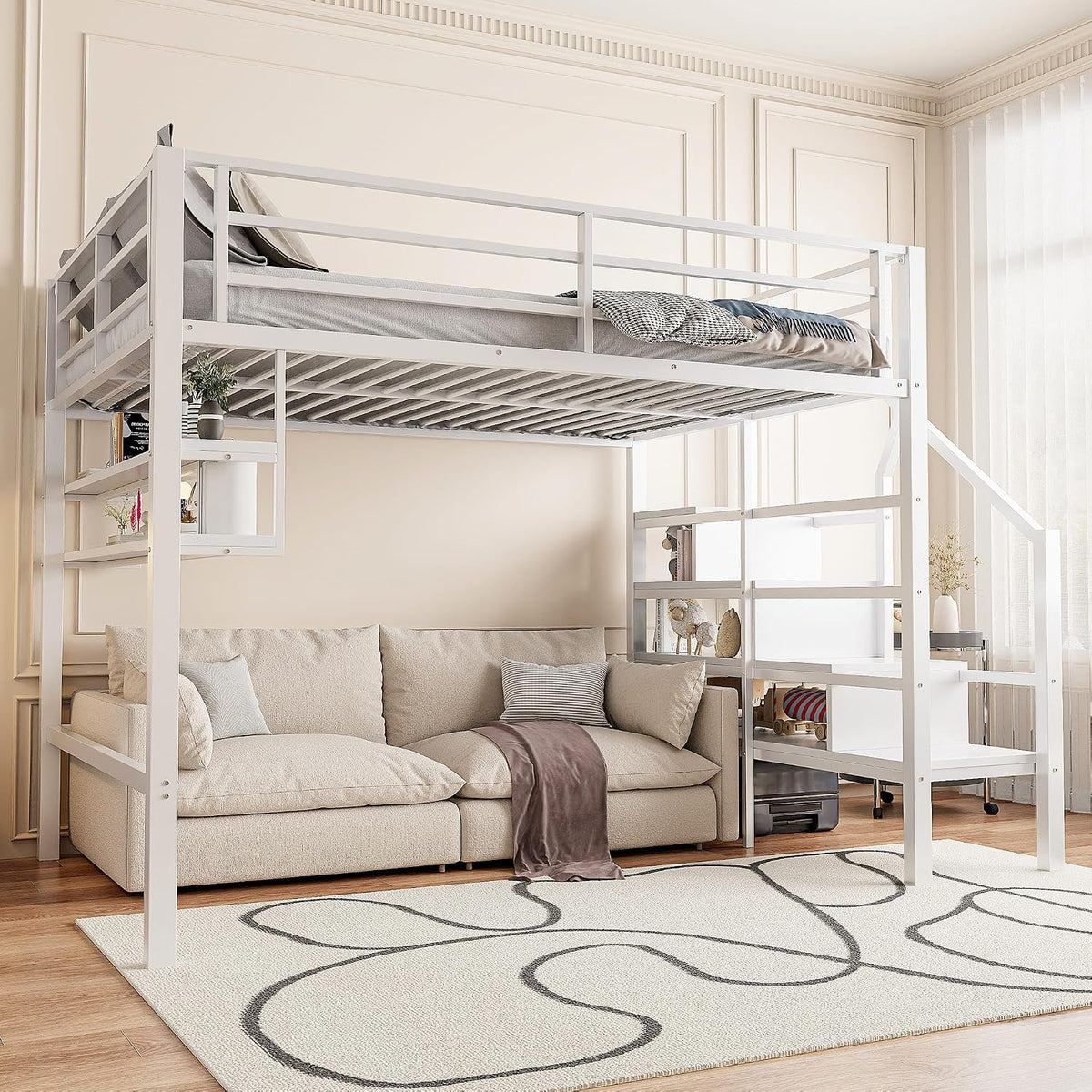 YCYDHDM Bett, 140x200 cm, Weiss, Hochbett Metallbett mit Stauraumtreppe und Lattenrost, Etagenbett Kinderbett mit Rausfallschutz