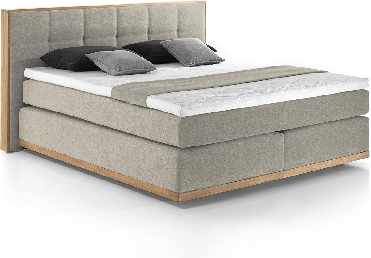 Mivano Boxspringbett, 200 x 200 cm, Beige, Levana mit Sockel aus Eiche, 7-Zonen-Federkern, Matratzen H3/H4 + Topper Premium