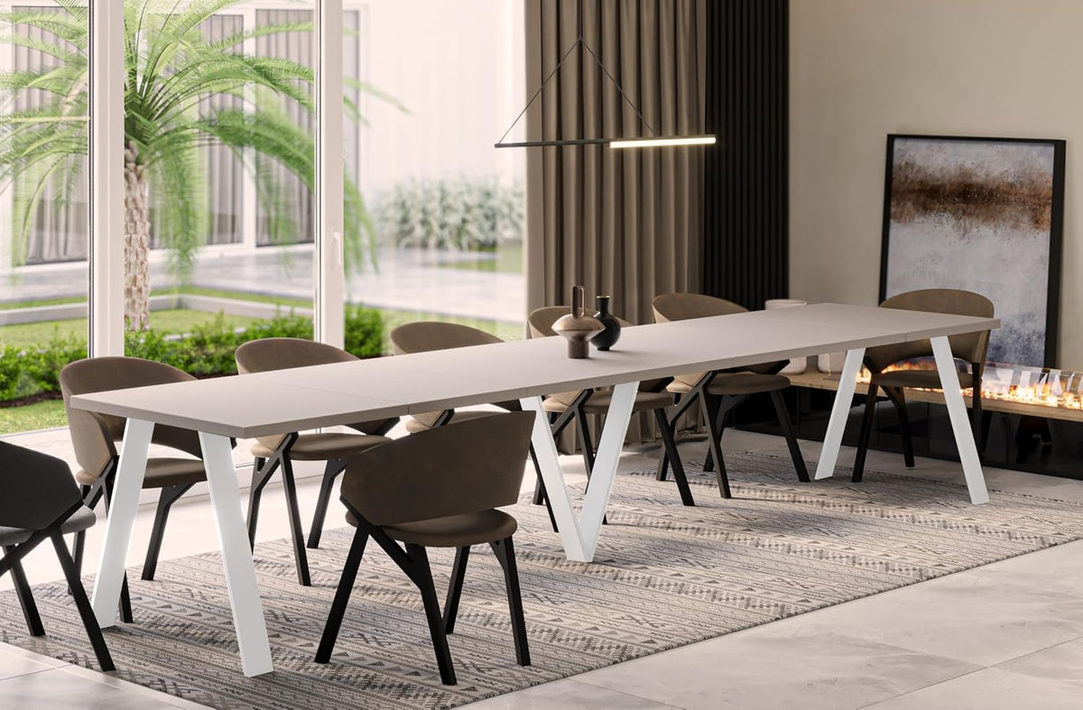 Endo-Moebel Esstisch, 405 cm, Weiss, ausziehbar 130, XXL mit 5 Erweiterungsplatten, Metallgestell (Cashmere/Kaschmir - Beige)