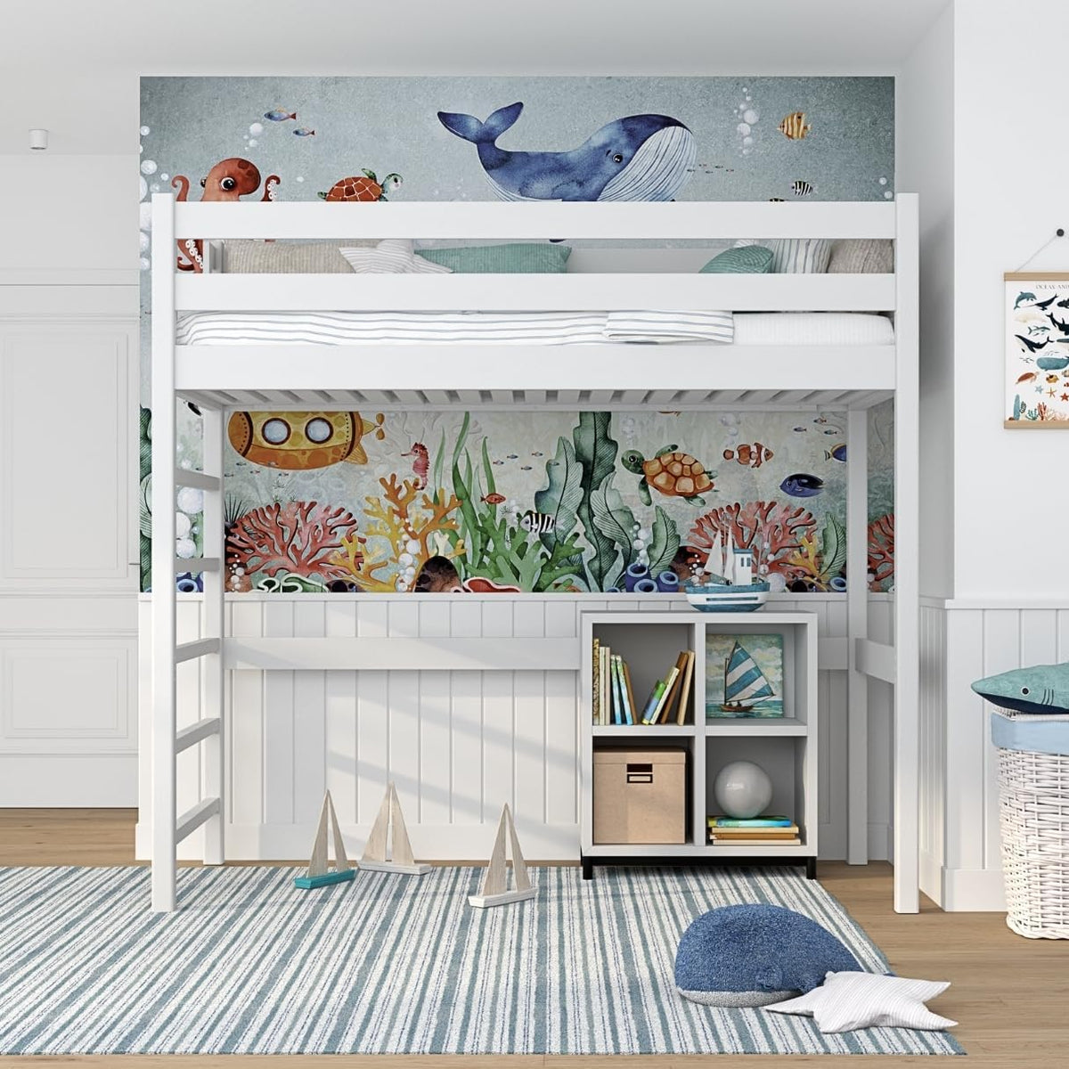 N-wood Bett, 80x180 cm, Weiss, N01 Hochbett Holz, Etagenbett mit Leiter, 2 Leitermontageseiten: Links oder rechts