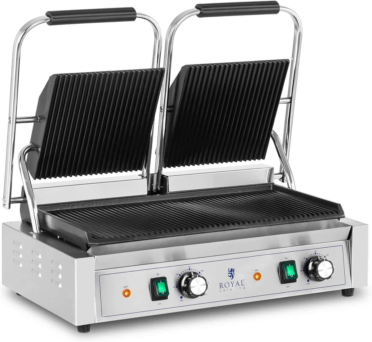Royal Catering Sandwich- & Paninitoaster, 48 x 23 cm, 3.600 W, Schwarz, RCPKG-3600-R Doppel Kontaktgrill Gastro geriffelt 50-300 °C