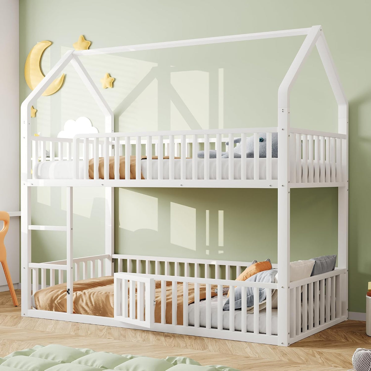 Bellemave Bett, 90 x 200 cm, Metall, Weiss, Etagenbett, Unteres mit Kleiner Tür zum Öffnen und Schliessen, Etagenbett mit Treppe