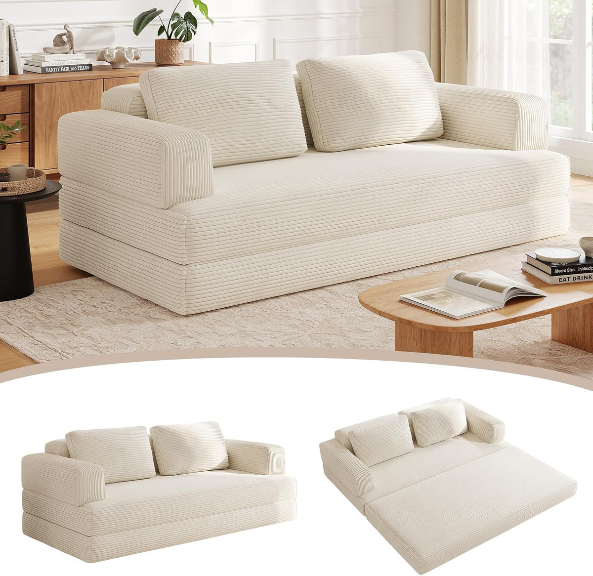 Sofa Wumagin, 160 cm, Beige, Schlafsofa Cord, Cordsofa Faltbares mit Kissen, 2 Sitzer Modulares Bodensofa