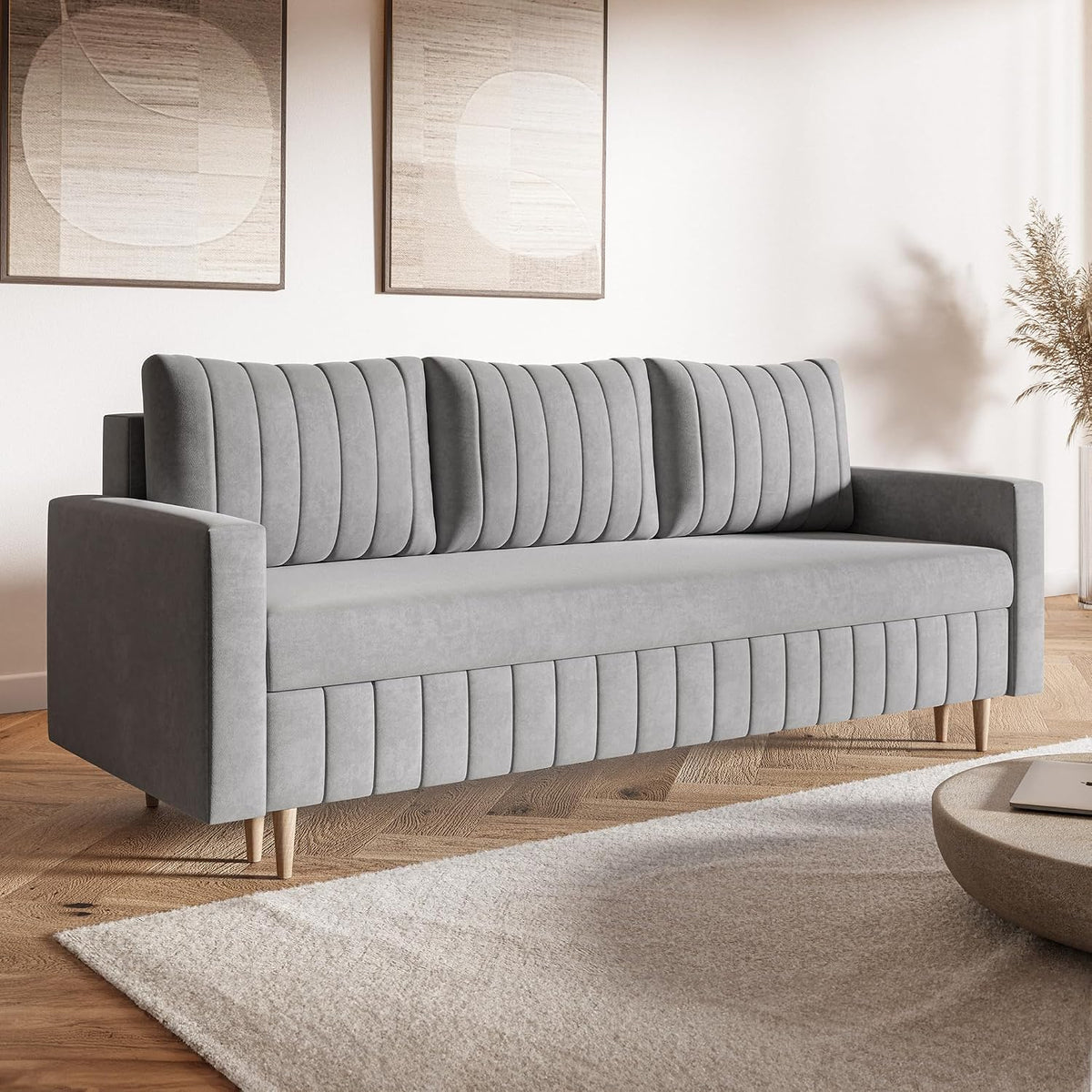 Sofa MOTIVENA, 215 cm, Grau, Leo Sofagarnituren, 3 Sitzer mit Bettfunktion, Schlafsofa Breit, Klappsofa mit Schlaffunktion