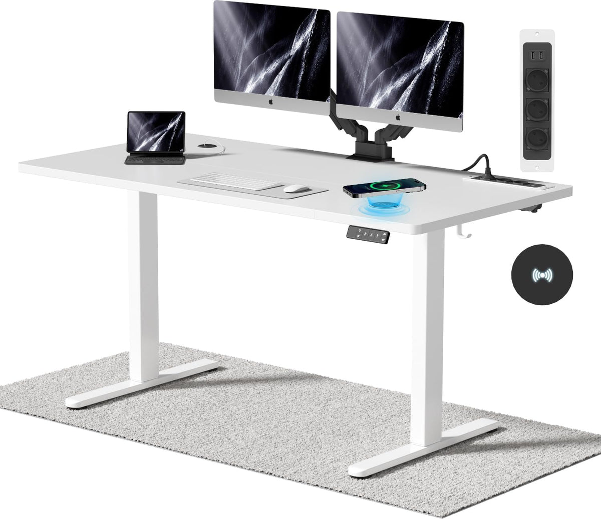 Airfish Schreibtisch, 140 x 70 cm, Weiss, Höhenverstellbarer mit Kabelloser Ladestation, Computertisch Elektrisch Stehtisch mit 3-Funktions-Memory