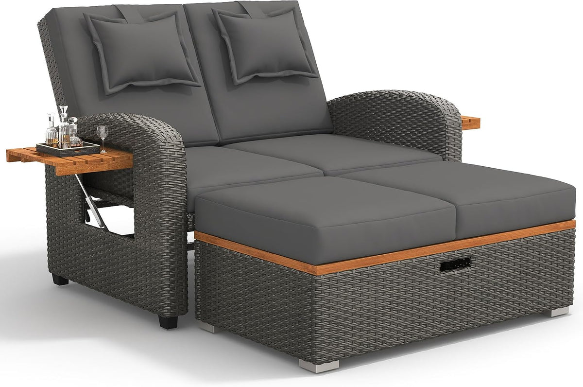 Sofa Dolamaní, Grau/Braun, Sonneninsel Outdoor Wetterfest mit Verstellbare Rückenlehne, Doppel Sonnenliege Rattan