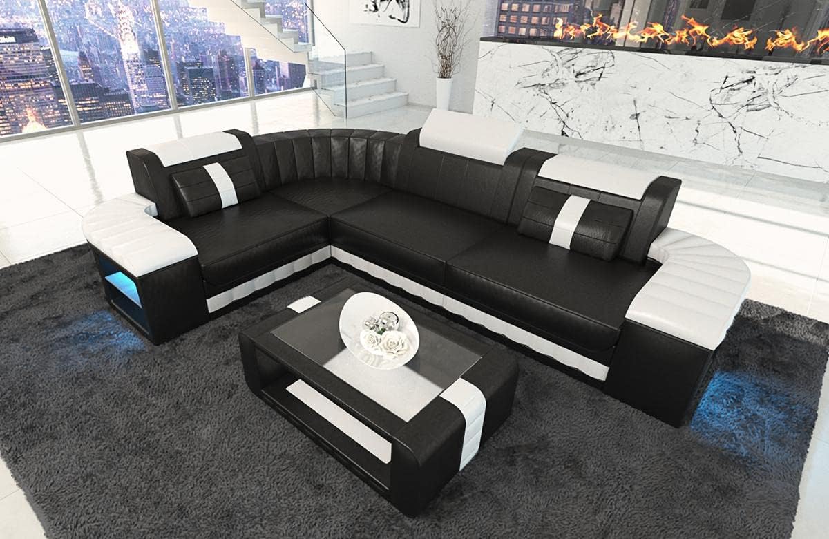 Sofa Dreams Sofa, Schwarz/Weiss, Bergamo Leder L Form Ecksofa Ledersofa mit Beleuchtung