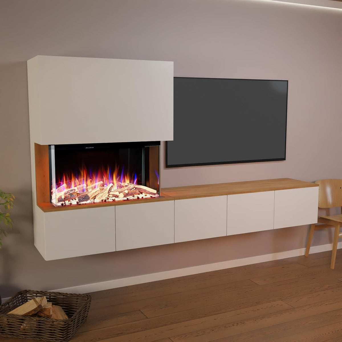 GLOW FIRE Elektrokamin, 250x139.5x42.4 cm, 1500 W, Weiss, Kamin Fernsehwand CW5 rechtsoffen mit realistischem 3D