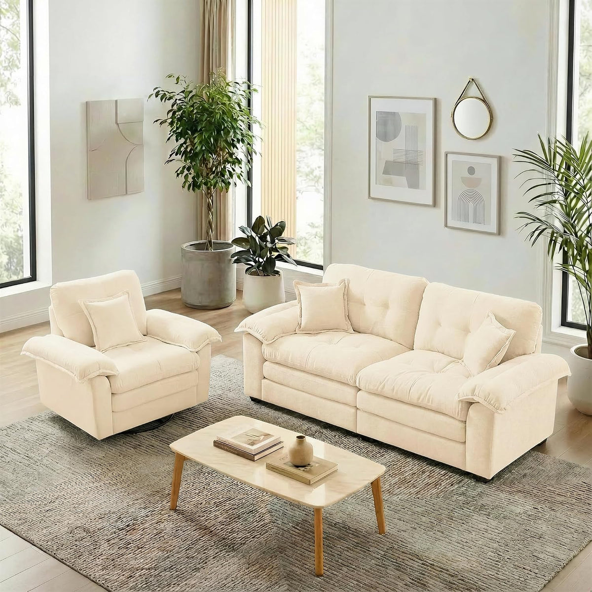 Sofa Koaris, Beige, Modernes 2-teiliges Set: 2-Sitzer + Drehbarer Sessel, Chenille-Stoff in, Gemütlich für Wohnzimmer und Büro