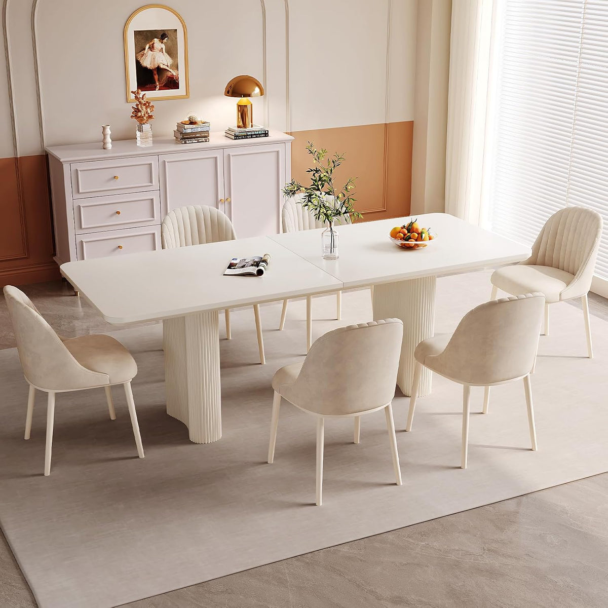 Guyii Esstisch, 200CM, Weiss/Beige, Esszimmer Set 7-teilig - mit weissen Stühlen, Elegante Küchenstühle, Moderne Esszimmermöbel