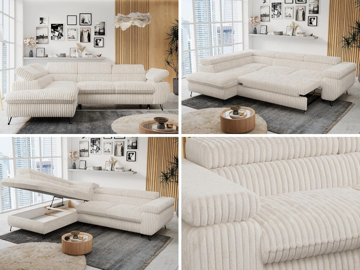 MKS MEBLE Sofa, Beige, Ecksofa Wohnlandschaft L-Form mit Schlaffunktion und, Schlafsofa mit Bettkasten, mit Einstellbare Kopfstützen