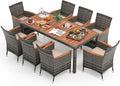 COSTWAY Essgruppe, Grau/Braun/Beige, 9 TLG. Rattan Gartenmöbel Set, Sitzgruppe für 8 Personen, Gartentisch mit Tischplatte aus Akazienholz