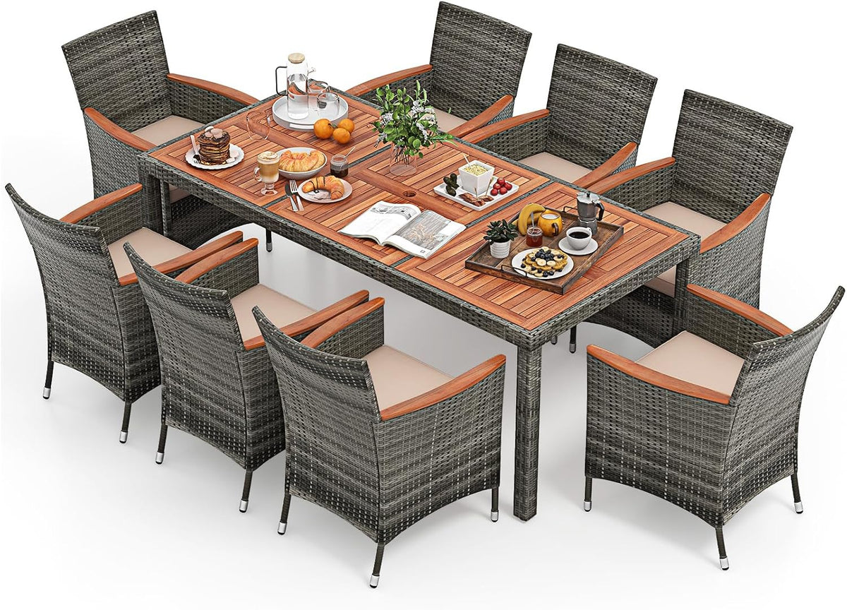 COSTWAY Essgruppe, Grau/Braun/Beige, 9 TLG. Rattan Gartenmöbel Set, Sitzgruppe für 8 Personen, Gartentisch mit Tischplatte aus Akazienholz
