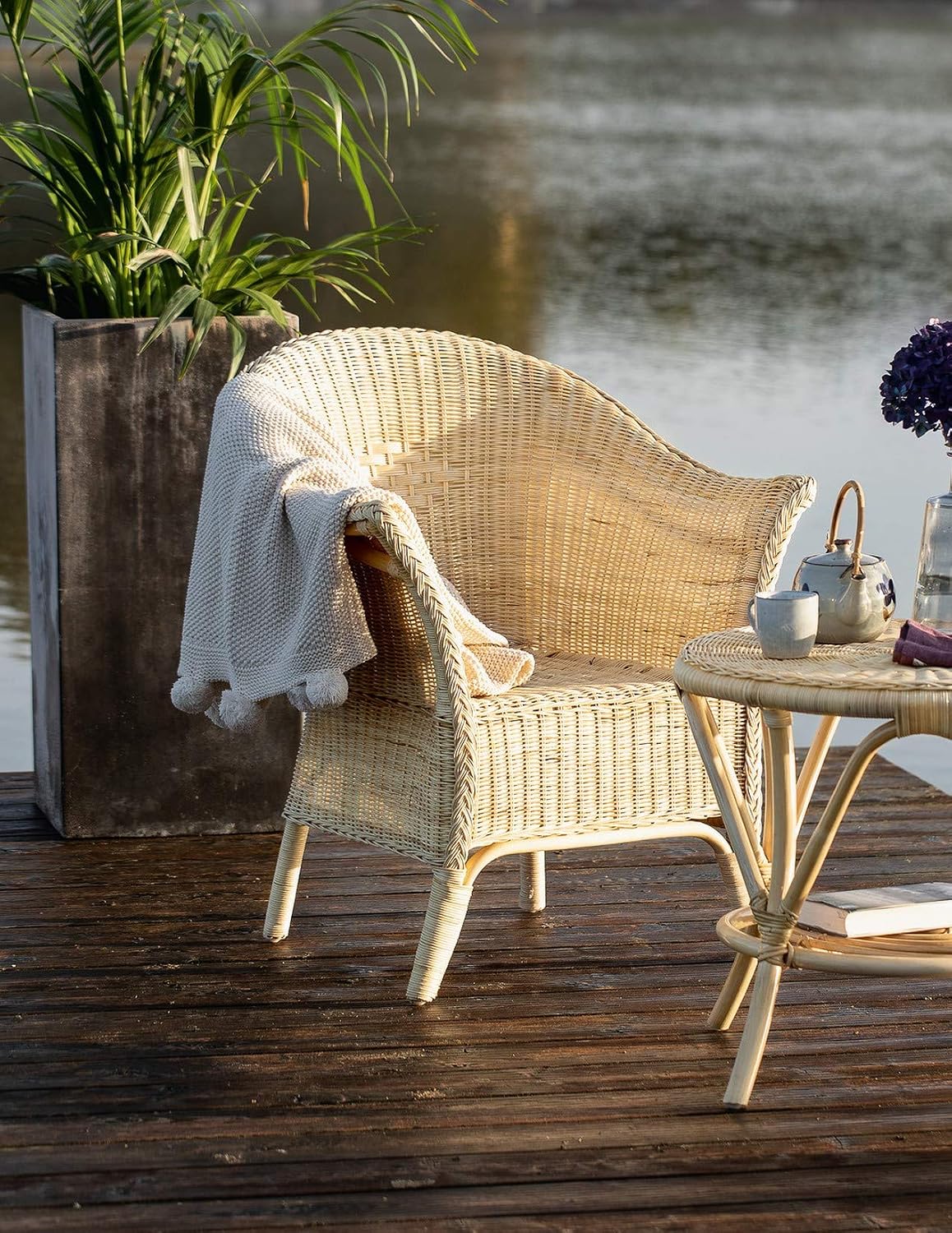 Dekoleidenschaft Relaxsessel, Beige, Rattansessel Natur handgefertigt, Rattanstuhl mit hoher Rücksenlehne, Lounge-Sessel