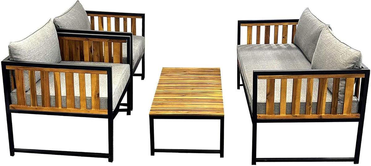 Kynast Garden Gartenmöbel-Set, Grau/Braun/Schwarz, Lounge-Set Garnitur 4 TLG. massiv Akazienholz Metall