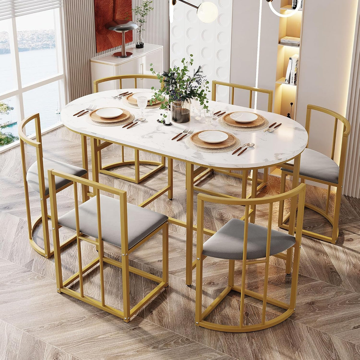 Gegtuon Essgruppe, 140x80x76 cm, Gold/Weiss/Grau, Esstisch 7 teilig für 6 Personen, Esstisch Rund mit 6 Stühlen und Tisch