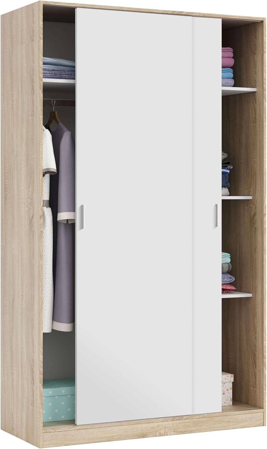 Habitdesign Kleiderschrank, 120 x 200 x 50 cm, Weiss/Eiche, mit 2 Schiebetüren und Regalfächern - Schwebetürenschrank