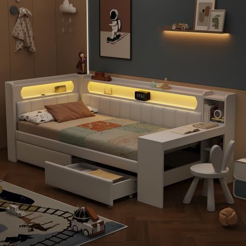 Merax Bettrahmen, 90 x 200 cm, MDF + Sperrholz + Leinen, Weiss, Polsterbett Daybed mit USB-Anschlüssen und LED-Gürtel