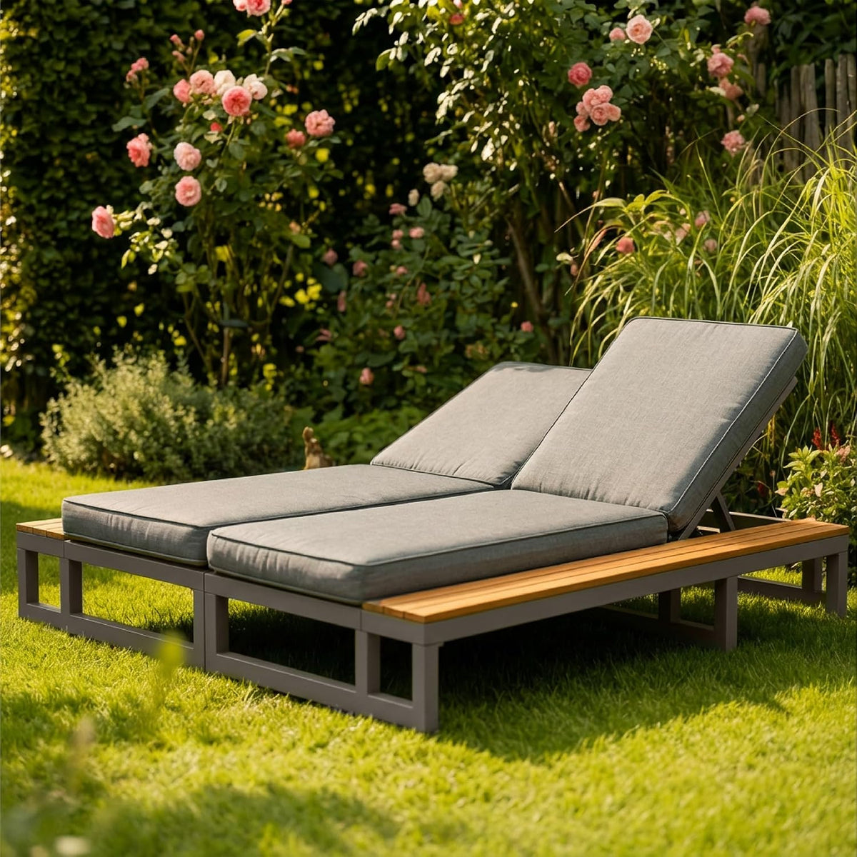 Sofa FammyLoft, Grau/Holz, Outdoor Patio Daybed mit Regalen, Outdoor Wasserdichtes Sofabett mit Verstellbarer, Multifunktionales Camping Liegebett
