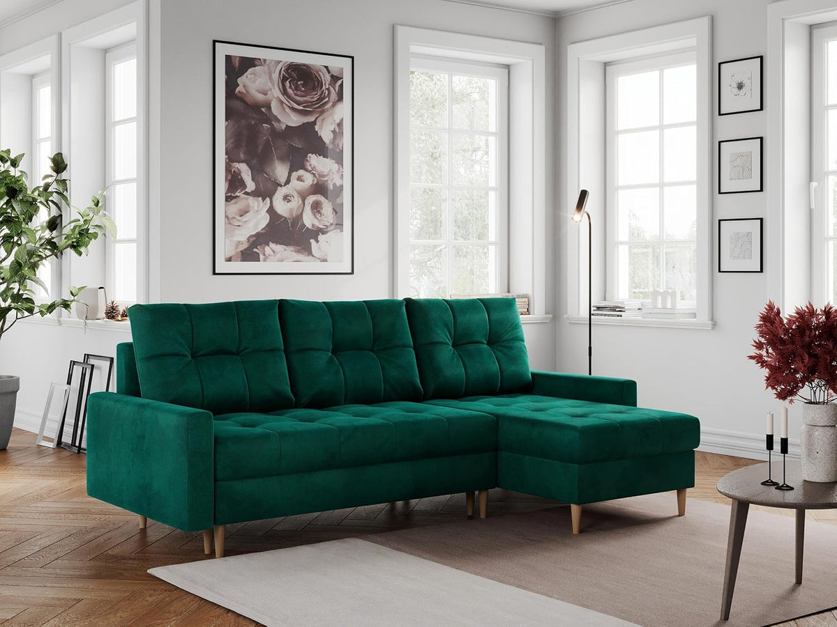 Sofa MKS MEBLE, Grün, Ecksofa - L-Form mit Schlaffunktion - Wohnlandschaft L Form, Ecksofa mit Schlaffunktion und Bettkasten