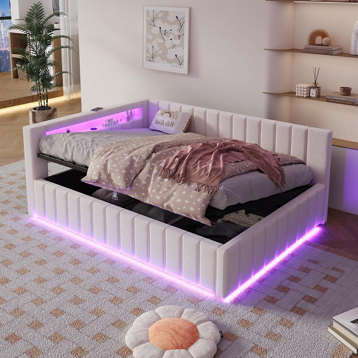 ANIROY Bett, 140x200 cm, Beige, L-förmige Schlafsofa, Samtstoff Polsterbett Daybett Sofabett mit LED und USB, Hydraulisches Stauraumbett