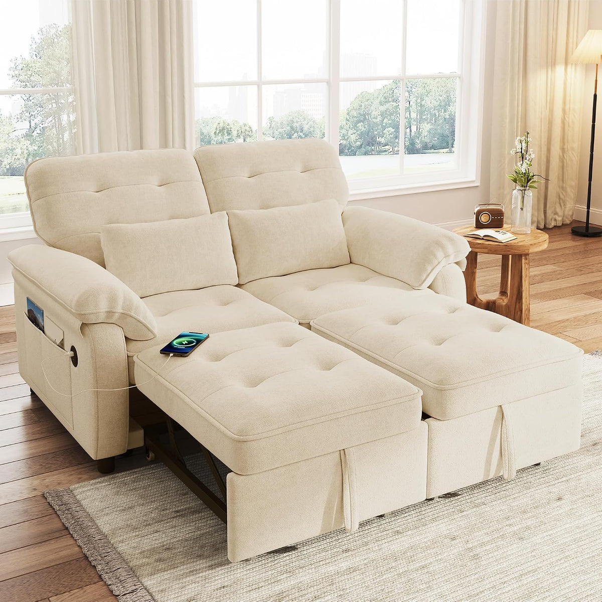 Merax Sofa, Massivholz，Künstliches Holz, Eisenrahmen, Beige, Schlafsofa 2-Sitzer mit Schlaffunktion, USB-Anschlüssen und Armlehnentaschen