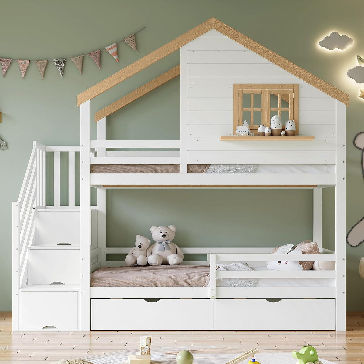 RIAZOS Matratze, 90x200 cm, Weiss/Natur, Kinderbett, Etagenbett mit Stauraumtreppe, Hausbett mit Fenster, Multifunktionsbett mit 2 Schubladen