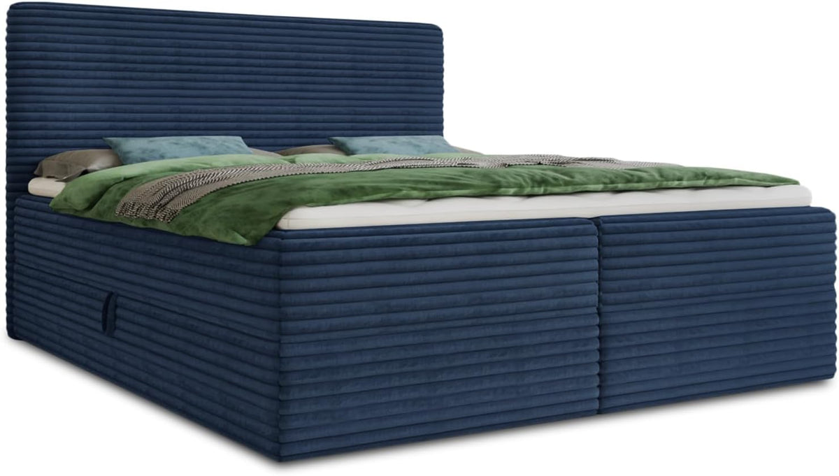 Sofnet Boxspringbett, 180 x 200 cm, Blau, Mollo mit 2 Bettkästen, Doppelbett mit Bonell-Matratze und Topper, Polsterbett in weichem Cordstoff