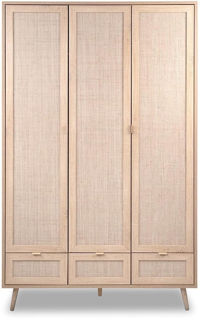 Calicosy Kleiderschränke, Beige/Holz, Armoire 3 Portes 3 Tiroirs et 2 Penderies L120 cm