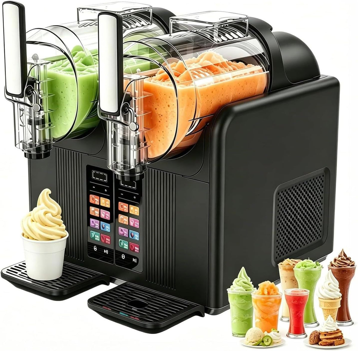 Generisch Eiswürfelmaschine, 430 W, Schwarz, Slush-EIS-Maschine mit Zwei Tanks, 7-in-1-Maschine für Softeis und Slush-EIS zur schnellen