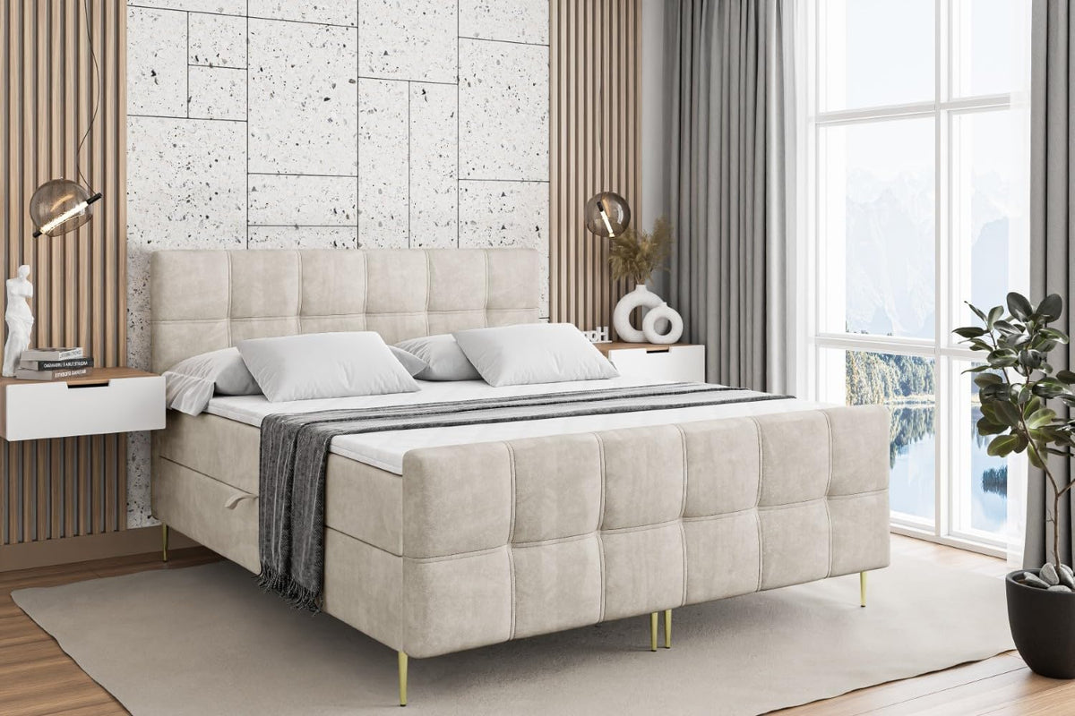 ALTDECOR Boxspringbett, Möbelplatte, Holz, Kunststoff, Beige, mit Gold Füssen, Matratze und Lattenrost, Topper, Fussteil