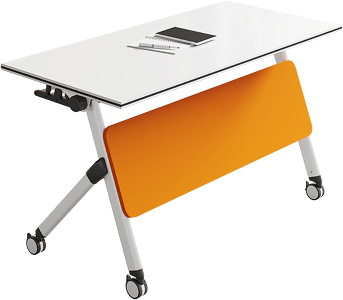LIMENQIN Konferenztische, 120x40 cm, Metall, Holz, Weiss/Orange, Klappbarer Konferenztisch, Mobile Schulungstische für Büro