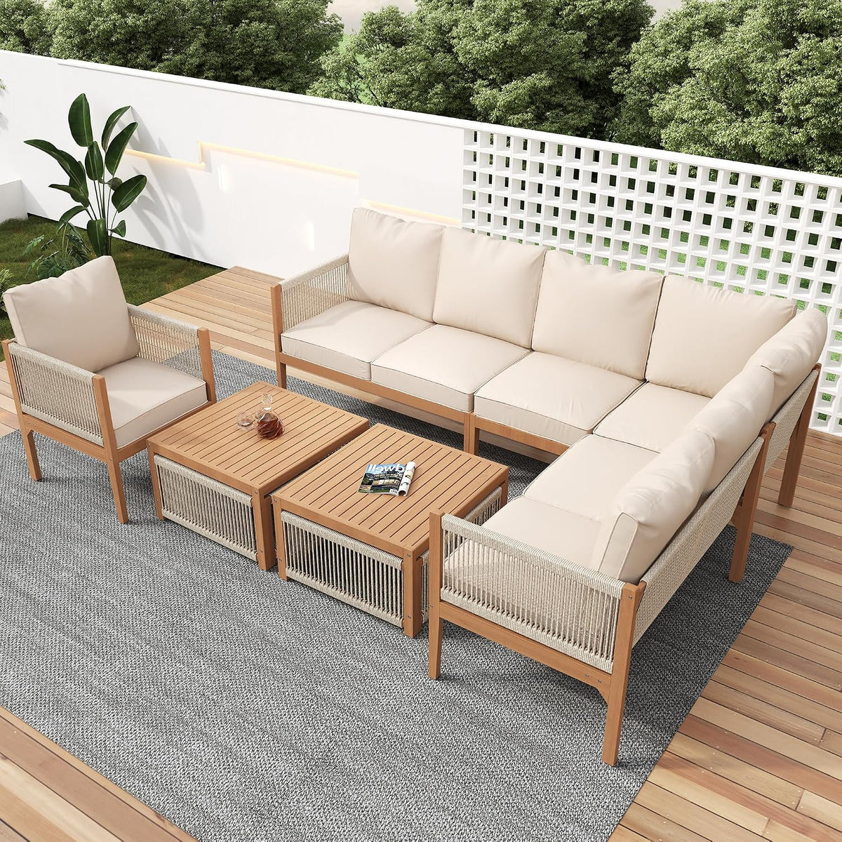 Merax Sofa, Beige, Gartenlounge Set, Sitzgruppe Gartengarnitur mit, 2 Tischen & Kissen, Akazienholzrahmen, handgewebtes Seildesign