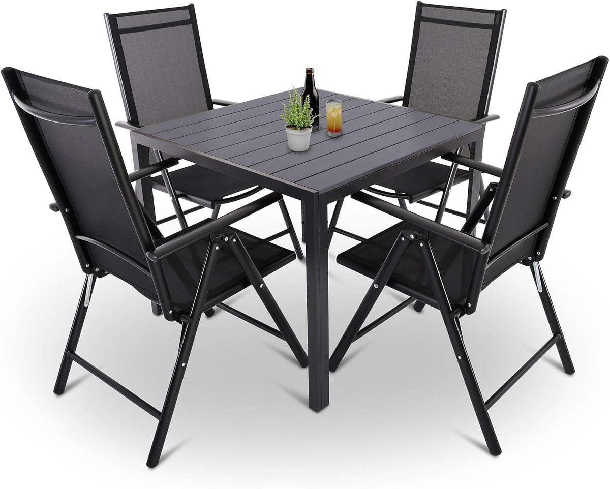Raburg Gartenmöbel-Set, 90x90 cm, Schwarz/Anthrazit, Moderne Sitzgruppe, 4 Stühle (klappbare Hochlehner) Tisch, wetterfestes Alu