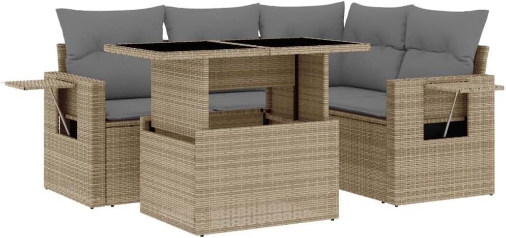 vidaXL Sofa, Beige/Grau, Garten Sofagarnitur 5-TLG., Gartensofa mit Kissen, Sitzgruppe für Garten Terrasse, Gartentisch Gartenmöbel