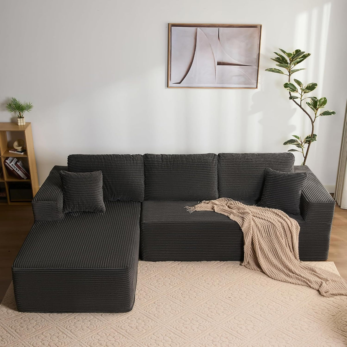 Sofa Litbird, Grau, Modulares L-förmiges Ecksofa mit Schlaffunktion, rahmenloses Schlafsofa mit Chaiselongue Links