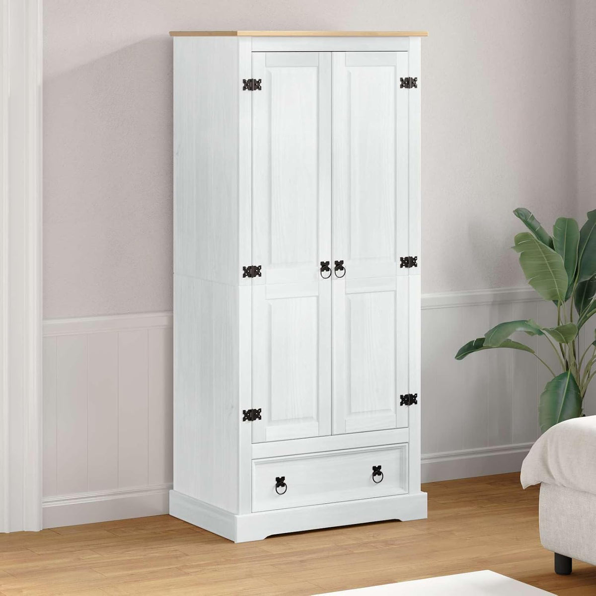 Kleiderschrank Cartvyn, 76 x 50 x 170 cm, Massives Kiefernholz, Weiss/Natur, Kleiderschränke Weiss Massives Kiefernholz mit Schublade