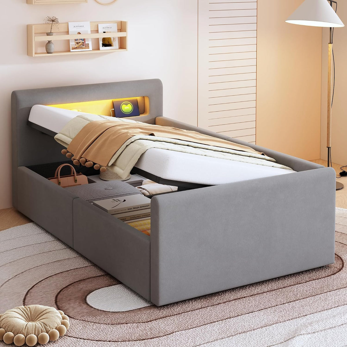 KUAKE Bett, 90 x 200 cm, Hellgrau, Modern Jugendbett 90x200 cm Polsterbett, mit Lattenrost & Stauraum, Samtstoff