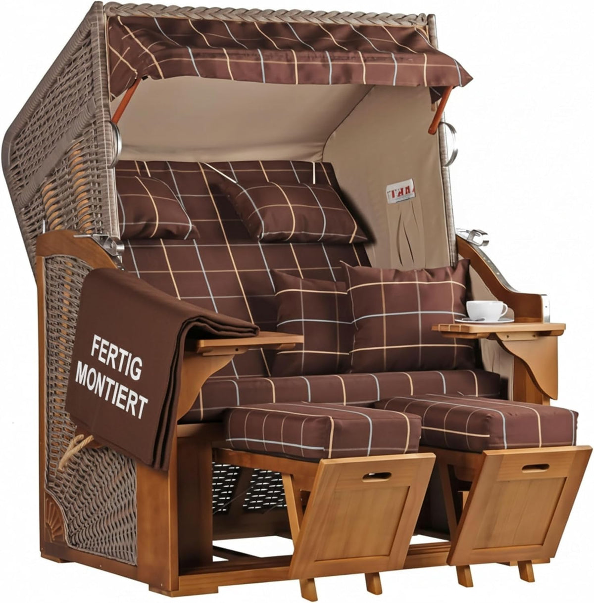 MR. DEKO Markise, Braun/Beige, Strandkorb Schleswig Pinie Braun PE Mokka Dessin 556, 2 Sitzer wetterfest, Strandkörbe Garten Lounge Balkon