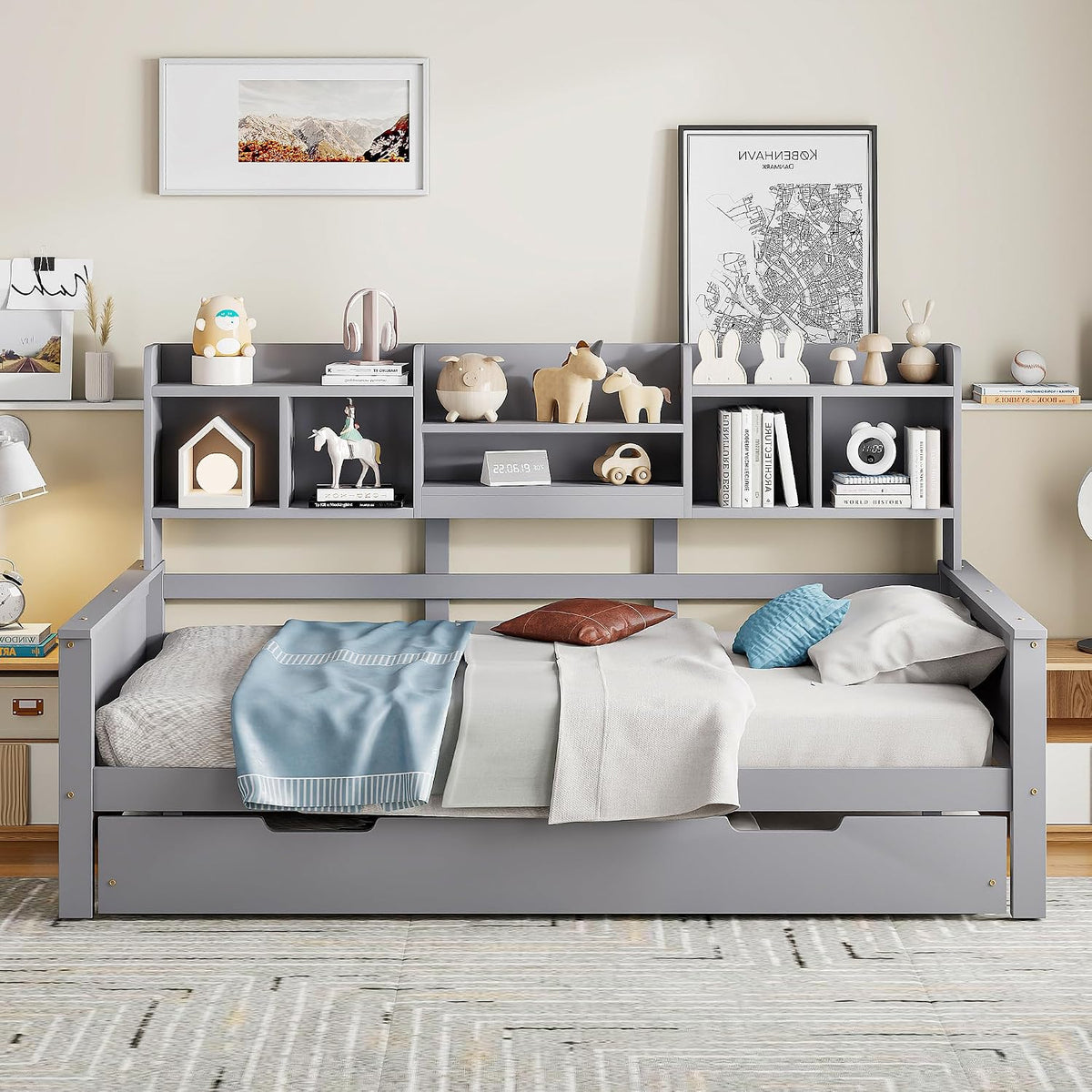 Jovify Matratze, 90x200 cm, Grau, Daybett Einzelbett, Massivholz Tagesbett mit Ausziehbett & Staufach &, Bettgestell mit Lattenrost