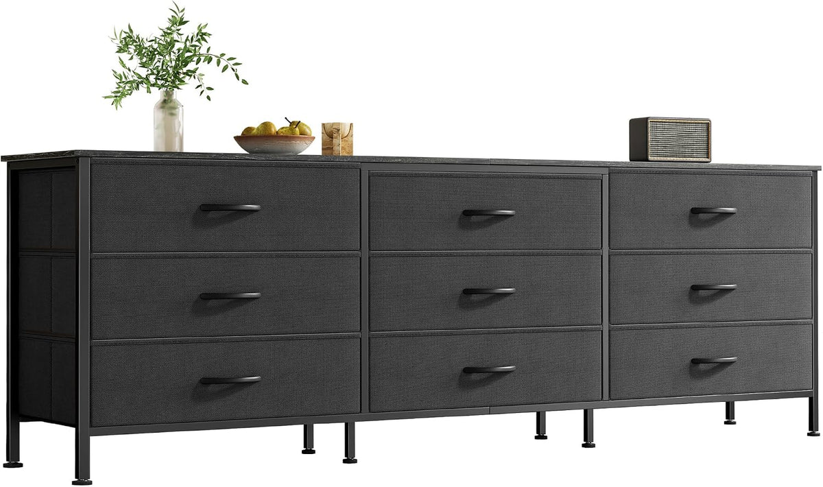 Huuger Sideboard, 63 Zoll, 70 Zoll, Schwarz, Kommode für Schlafzimmer, Kommode für Schrank mit 9 Schubladen, grosser TV-Ständer für 55