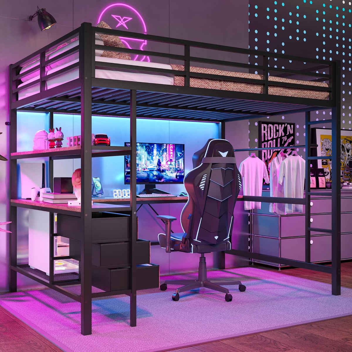 Arhatreya Matratze, 140x200 cm, Schwarz, Hochbett, Kinderbett mit Schreibtisch und LED, Jugendbett mit 3 Schubladen