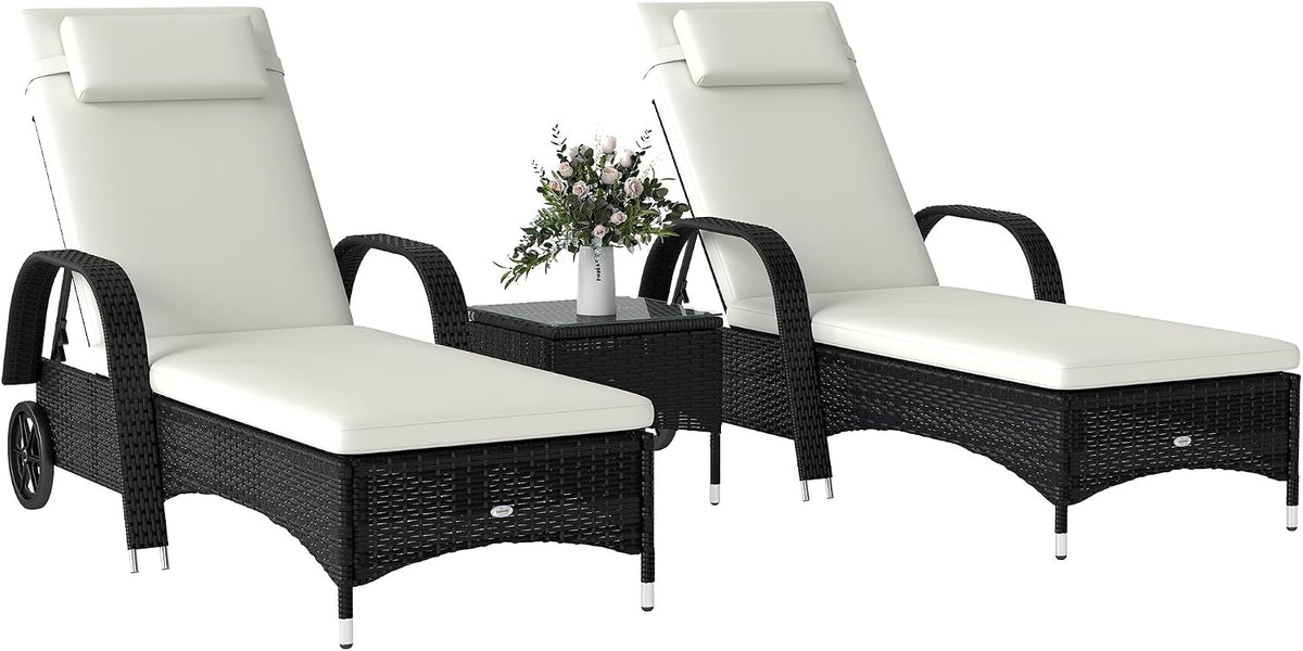 Outsunny Beistelltisch, Schwarz/Cremeweiss, Sonnenliege Gartenliege Tisch 3er-Set Gartenmöbel, Polyrattan+Metall Schwarz+Cremeweiss