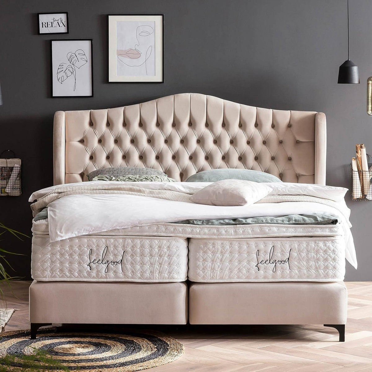 BettCo Boxspringbett, 140x200 cm, Creme, Maison 140x200 Velours, mit Topper, Hotelbett, mit Bettkasten, 7 Zonen Taschenfederkern-Matratzen
