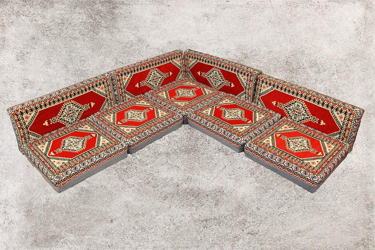 Sofa Orientalische, Rot/Grau/Schwarz, Sitzecke, Sark Kösesi, Kelim, Sitzkissen, Sark Kosesi, Arabisches, Boden